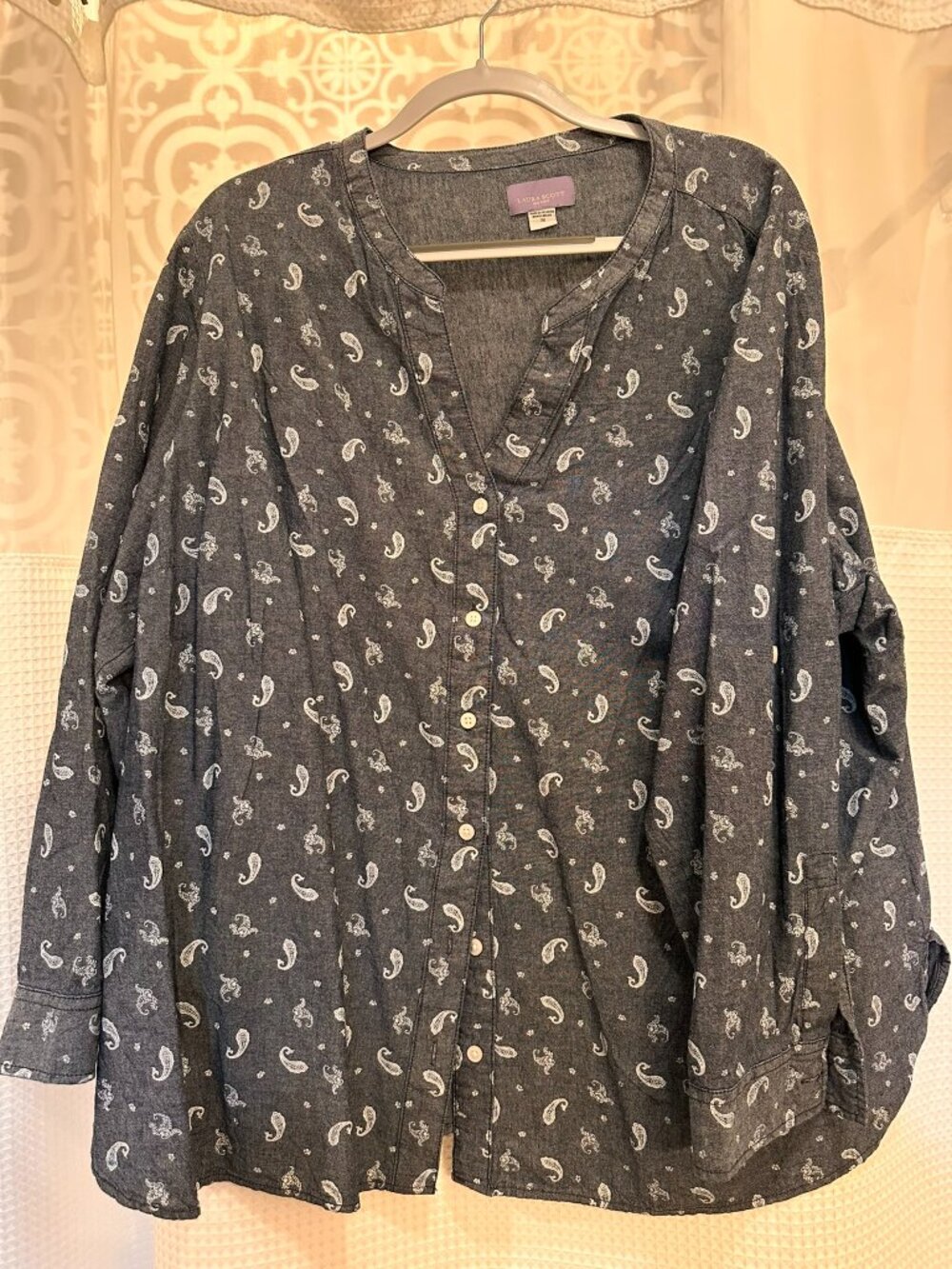 3X Laura Scott Blue Gray Paisley Blouse 100% Cotton